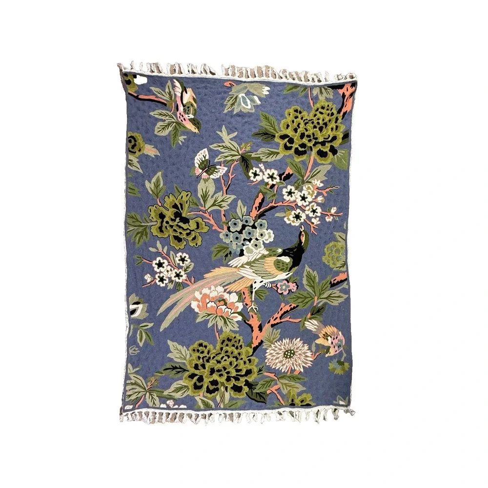 Stunning Wool Flat Weave Rug Hand Hooked Embroidered Bird 4x6 French Crewel